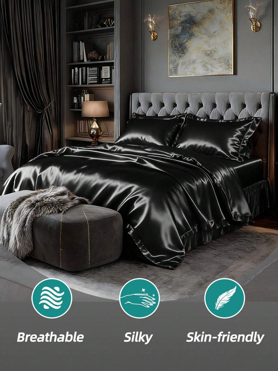 3 Pices Satin Fitted Sheet Set (1 * Fitted Sheet+2 * Pillowcase) – Smooth, Breathable, And Wrinkle-Resistant, Machine Washable For Easy Care, Comfort Bedding Suitable For Adults, Hotels, Apartments, & Home Use
