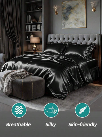 3 Pices Satin Fitted Sheet Set (1 * Fitted Sheet+2 * Pillowcase) – Smooth, Breathable, And Wrinkle-Resistant, Machine Washable For Easy Care, Comfort Bedding Suitable For Adults, Hotels, Apartments, & Home Use