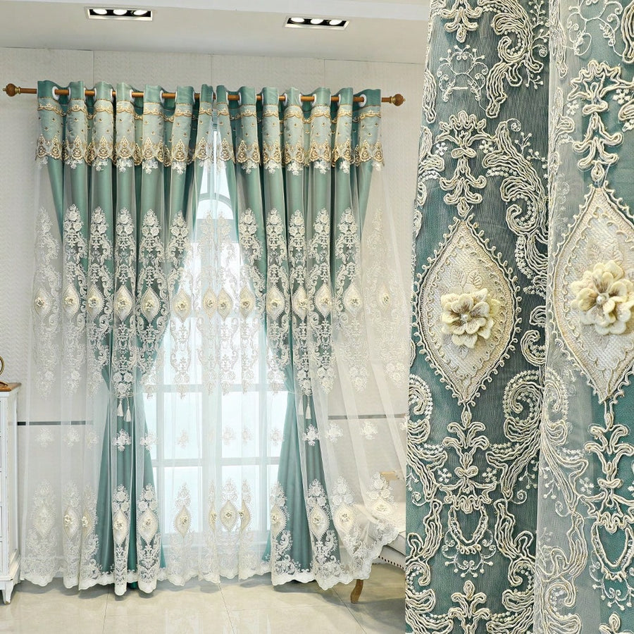 1 Piece Of European-Style Blackout Double-Layer Curtain, 3D Relief Embroidered Flower Yarn, Suitable For Bedrooms, Living Rooms And Other Room Types, Top Hole Ring Processing