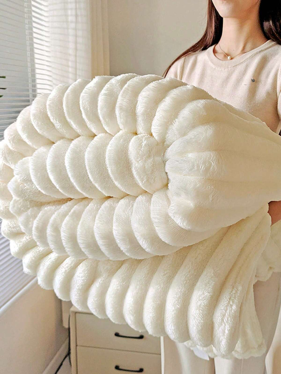 1pc Luxury Reversible Faux Fur Blanket - Soft Striped Flannel, Warm & Cozy, Suitable For Napping, Office, Camping, Sofa - Multipurpose Polyester Bedspread, Perfect Christmas Gift