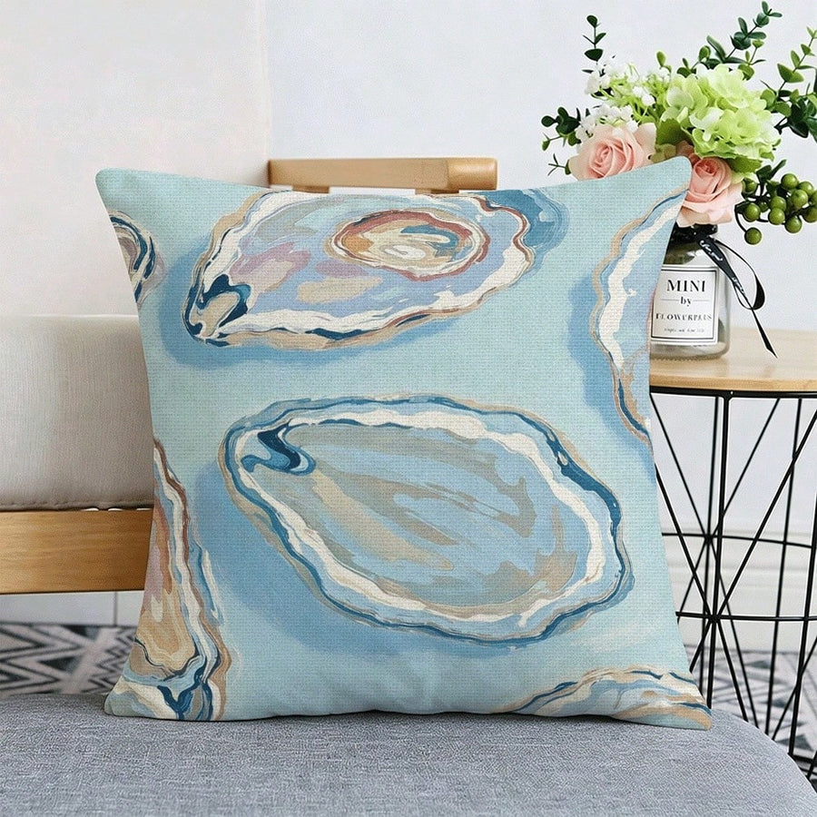 Oyster Print Linen Pillow Cover, Coastal Style Shell Pattern Decorative Pillowcase, No Insert Included, Square Cushion Cover For Living Room Bedroom Sofa Couch, Nautical Themed Home Decor Accent Pillow Case