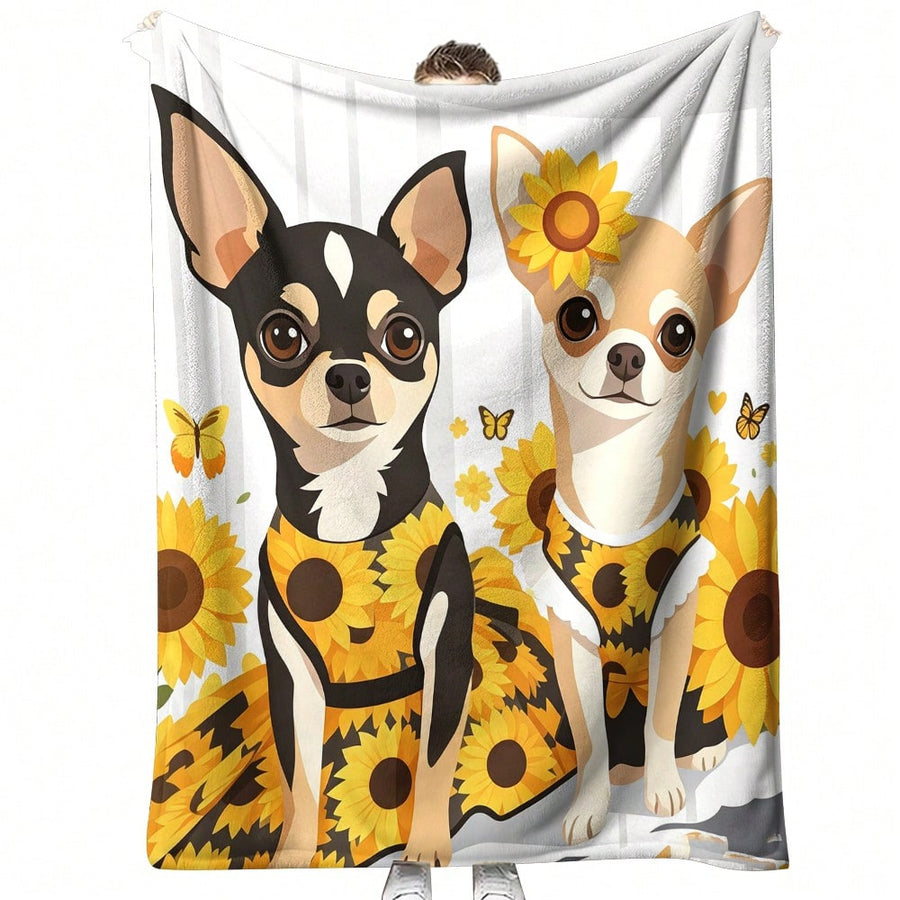 1pc Cute Chihuahua Dog With Sunflower Dress Flannel Fleece Blanket, Sweet Sunflower And Butterfly Print Soft Printed Blanket, Suitable For Sofa, Bedroom, All Seasons